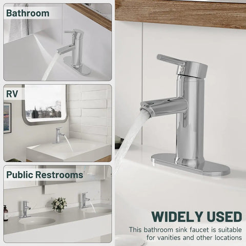 Chrome One Hole Bathroom Faucet With Single Lever Handle, Deck Mount Lavatory Sink Faucet, Modern Vanity Faucet With Deck Plate And Brass Supply Lines