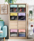 Total Game Changer Storage Bins With Clear View Panels, Foldable Pop Up Organizers, 13 Inch Pastel Multi Color Six Pack Set on open shelving.