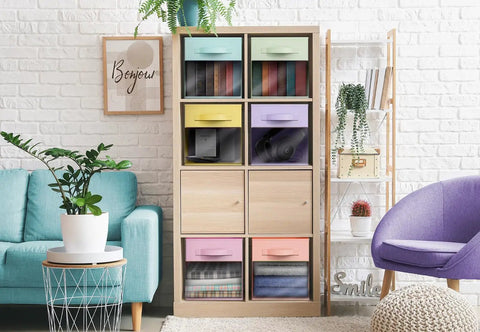 Total Game Changer Storage Bins With Clear View Panels, Foldable Pop Up Organizers, 13 Inch Pastel Multi Color Six Pack Set on open shelving.