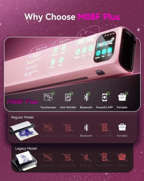 M08F Plus Tattoo Stencil Printer With Touchscreen And Bluetooth, shown in pink, featuring touchscreen and Bluetooth.