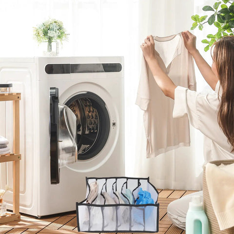 Three Pack Dope Underwear And Sock Storage Bins Made From Heavy Duty Nylon Grid Panels Delivers A Hella Neat Dresser Drawer And Closet Game Changer Setup with laundry and clothing.