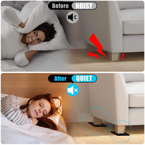 Comparison of furniture on Six Pack Self Stick Adhesive Foam Padding Sheets Closed Cell Neoprene Foam Insulation showing noise reduction.