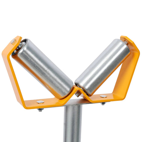 Rock Solid Adjustable V Pipe Roller Stand With Ultra Wide 29 To 48 Inch Height Range showing chrome rollers in V shape for secure wood support.