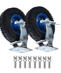 Swivel Caster Wheels With Inflatable Rubber Tires For Industrial Carts And Workbenches Built Tough To Roll Smooth And Handle Heavy Loads Includes Brake Options And Solid 2 Pack Rig with metal bracket and bolts.