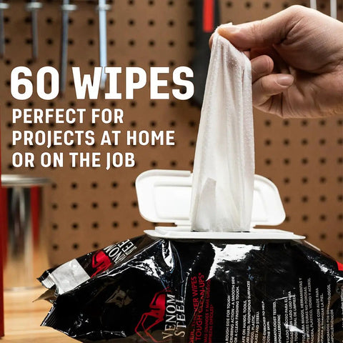 Grimy Scrub Workshop Wipes With Scrubbing Beads For Grease Grime Oil Paint And Caulk, pack of 60 wipes shown on workbench