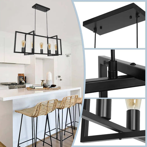 Modern Farmhouse Kitchen Island Chandelier with Industrial Matte Black Finish Open Geometric Frame 5 Light Island Light Fixture for Dining Room Kitchen and Living Room Adjustable Height for a Cool Rugged Yet Elegant Home Vibe