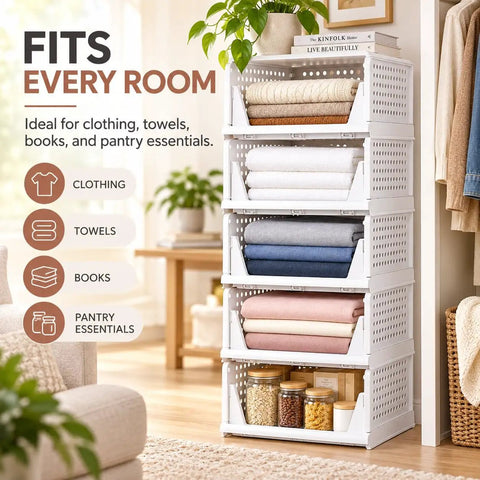 Solid 5 Pack Stackable Plastic Closet Storage Baskets In Crisp White For Slick Home Organization That Maxes Out Vertical Space And Keeps Your Daily Essentials Fresh And Tidy, arranged with towels and jars.