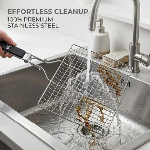 Outdoor Grill Basket For Fish, Shrimp, Veggies And Meat, Stainless Steel With Detachable Heat Resistant Handle being rinsed in sink