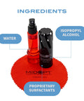 MidOpt optics cleaning solution with microfiber cloth, 2 oz; red microfiber cloth and two spray bottles.