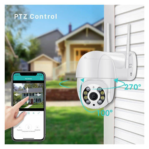 5MP PTZ WiFi Outdoor Security Camera With Rock Solid AI Human Detection IP66 Weatherproof Build That Captures Crisp HD Footage So You Can Chill And Watch Your Back mounted on a wall with a smartphone controlling its view