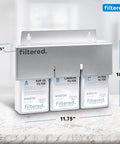 Universal Inline Water Filter For Refrigerators And Ice Makers Featuring A No Sweat Five Minute Setup With Top Shelf High Capacity Filtration For Crisp Fresh Water And Clean Ice Guaranteed Every Time, displaying filters on a wall-mounted unit.