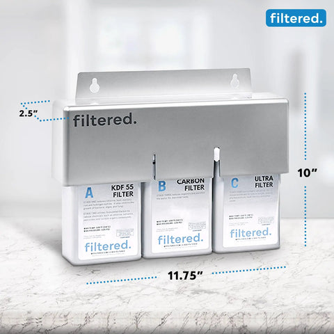 Universal Inline Water Filter For Refrigerators And Ice Makers Featuring A No Sweat Five Minute Setup With Top Shelf High Capacity Filtration For Crisp Fresh Water And Clean Ice Guaranteed Every Time, displaying filters on a wall-mounted unit.