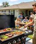 Man grilling with Adjustable Griddle Warming And Cooling Rack For 17 22 28 36 Inch Griddles, food on warming tray.