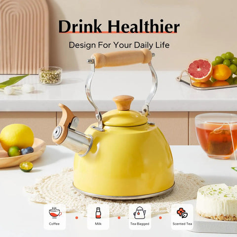 Yellow 1.6 Quart Tea Kettle With Cool Touch Wooden Handle Food Grade Stainless Steel Stovetop Teapot Whistling Kettle For Easy Pour Ergonomic Grip Safe Heat Resistant Kitchen Accessory on a kitchen counter.