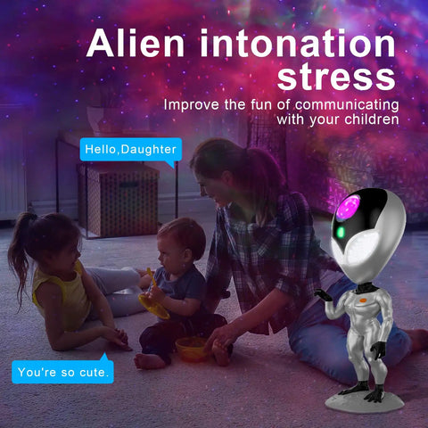 Talking Night Light Star Projector Galaxy Projector For Bedroom With Aliens, creating vivid cosmic glow in a family room.