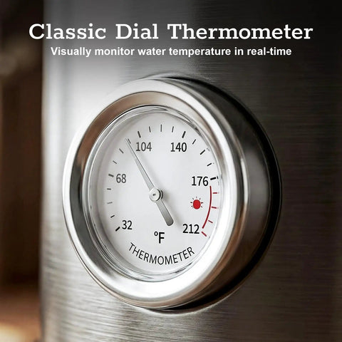 Close-up of classic dial thermometer on 1.7L Large Electric Kettle With Thermometer, 1200W Fast Boil, Auto Shut Off, 304 Stainless Steel