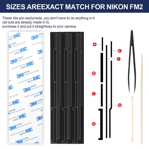 Pre-Cut Light Seal Foam Kit For Nikon FM FM2 FE FE2 Film Cameras with neoprene strips and application tools displayed.