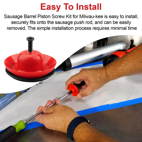 No Hassle 2 Set Grease Gun Plunger Screw Kit 44 70 0375 for 20 Oz sausage barrels with red piston screw being installed.