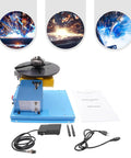 Rock Solid Welding Positioner Rotary Table For Pipe And Tank Jobs With Precision Three Jaw Chuck and heat resistant steel build, blue base, instructions.