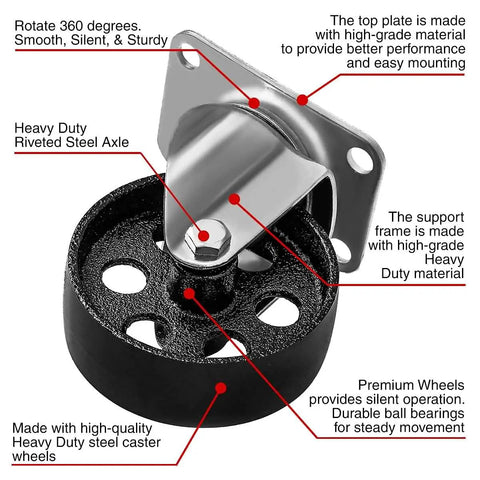 Close-up of a 4 Piece Steel Caster With Plate featuring 360-degree swivel, heavy-duty axle, and premium wheel construction.