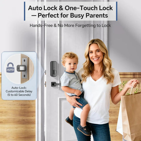 Secure Your Home Base For Good With This Top Shelf 7 In 1 Smart Front Door Lock Set featuring a woman and child by the door.