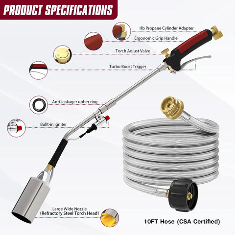 Heavy Duty Propane Weed Torch Kit with Turbo Trigger, showing 10ft hose and nozzle, includes 1lb propane converter.