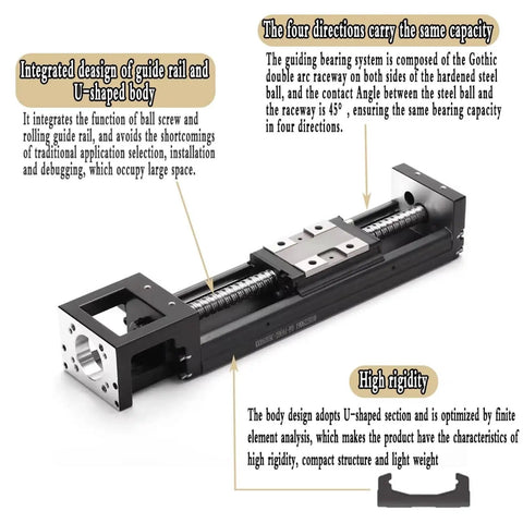 High Precision Single Axis Linear Stage With Beefy Steel Base And Tight 0.01mm Repeatability For Smooth CNC Machining and 3D Printing, showing integrated guide rail design.