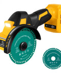 Badass Cordless Cut Off Tool Featuring Brushless Motor Delivers Killer 18000 Rpm Cuts With Three Speed Tweaks For Flawless Wood Metal Cutting Results On Any Project, showing tool with blade and battery.