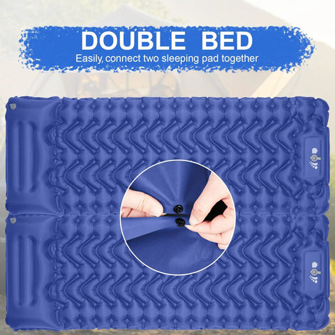Blue ultralight sleeping pad with snap detail, showing connection of two pads, Ultralight Sleeping Pad With Built-In Pump For Camping And Hiking, Slim Compact Air Mattress With Carry Bag, Repair Kit, And Body Mapping Comfort, Durable Portable Air Pad For Outdoor Sleep, Blue.