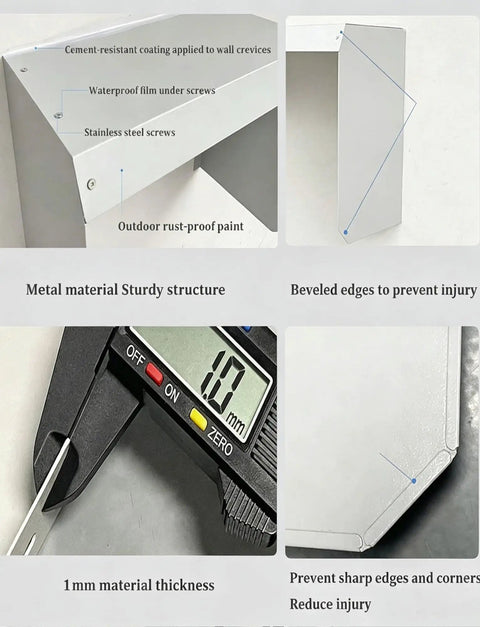 Tough As Nails Universal EV Charger Protective Cover showing 1mm galvanized steel, beveled edges, and waterproof features.