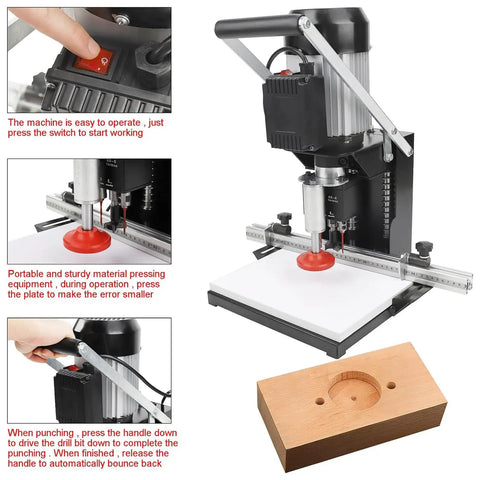 No Fuss Cordless Hinge Drilling Machine For Serious Woodworking And Cabinet Jobs With Quick Depth Tweaks and single button operation shown in use with a drill bit.
