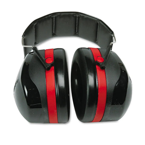 Optime 105 High Performance Ear Muffs, All Day Comfort Over The Head Earmuffs With Double Shell Tech, Stainless Steel Headband For Low Pressure Fit, Earcup Tilt For Comfort, Black Red, One Pair