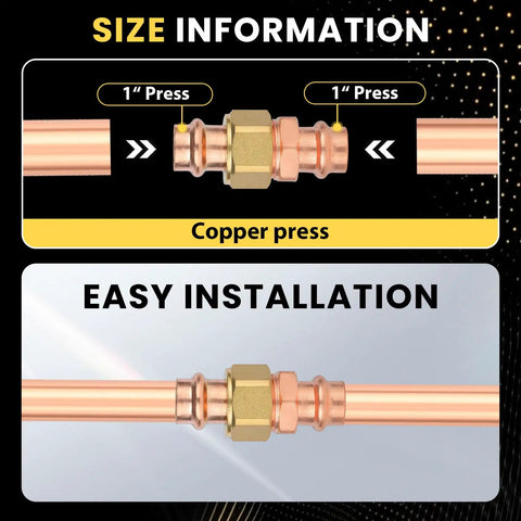 Pack Of 30 Copper Press Union Couplings 1x1 Inch Press To Connect Fittings For Copper Pipe with size and easy installation guide