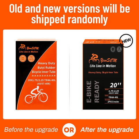 Old and new packaging for Two Pack 20 Inch Heavy Duty Bicycle Tubes With TR4A-40L Schrader Valve Fits 20 X 1.75 1.90 1.95 2.0 2.125 2.25 Tires 45/57-406 Durable Inner Tubes For Mountain And City Rides