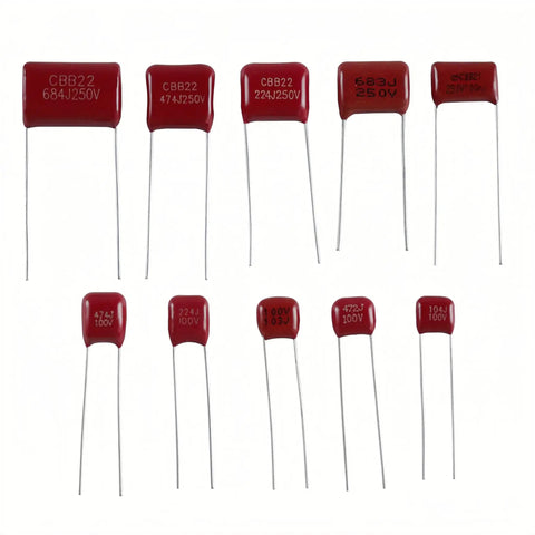 30 Values CBB22 Metallized Polypropylene Film Capacitor Kit With Radial Leads Solid Voltage Specs showing various capacitance values and voltage ratings.
