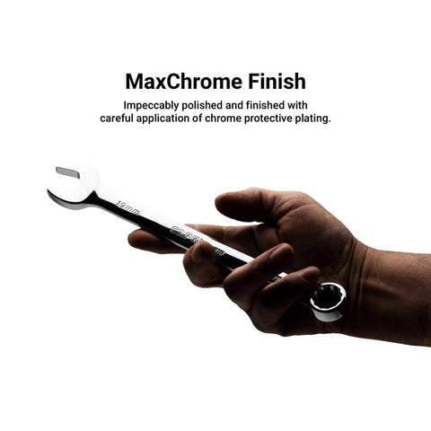Hand holding One And Three Sixteenths Inch 12 Point Combination Wrench SAE Built For High Torque Leverage With A Longer Handle Chrome Vanadium Forged For Pro Mechanics And DIYers, showing polished finish.