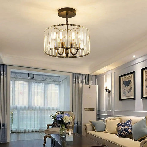 Three Light Industrial Crystal Ceiling Fixture, 13 Inch Round Semi Flush Mount With E12 Base, Black Finish in living room