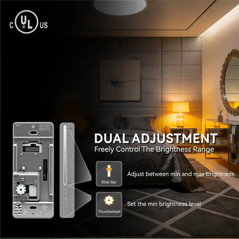 Six Pack Led Dimmer Light Switch Single Pole Or Three Way With Adjustable Min Brightness Skip Neutral Wires For Older Homes Ul Listed White Panel showing dual adjustment features in a stylish bedroom.