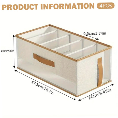 Fabric Drawer Organizers 4 Pack With Ventilation Mesh And Five Grid Layouts To Keep Your Knitwear And Casual Threads From Getting Bunched Up And Staying Smooth In Beige, showing dimensions and grid layout.