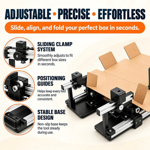 Adjustable Manual Box Folding Tool For Shipping Cartons Quick Draw Setup Packing Jig, featuring sliding clamp and positioning guides.
