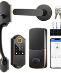 Rock Solid Slick Fingerprint Smart Front Door Lock Set Featuring Keyless Entry Handle Setup And Smooth Touchscreen Keypad With Seamless Bluetooth App Access And Heavy Duty Deadbolts Finished In Oil Rubbed Bronze components including touchscreen lock and key fob.