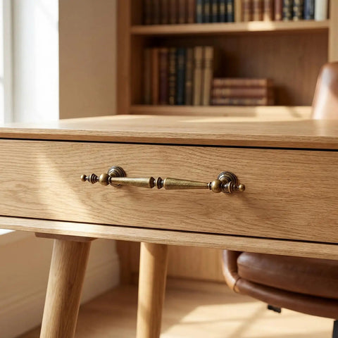 Solid Antique Brass Cabinet Pulls 5 Inch Drawer Handles 5 Pack Vintage Zinc Alloy Furniture Hardware on a wooden dresser.