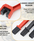 Diagram of Six Piece Bike Chain Cleaner Kit with three brushes and cleaning tools for mountain bike motorcycle and E bike rust removal.