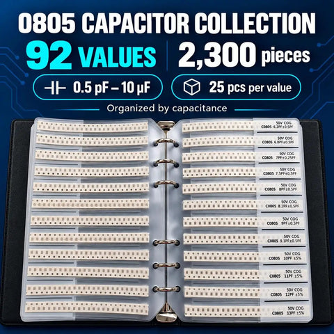 Badass 7350 Piece 0805 SMD Resistor Capacitor Assortment Kit Featuring 170 Precision Values Alongside Transistors Diodes ICs And LEDs For Pro Level PCB Builds And Rig Assembly Work - 0805 capacitor collection showing organized values in binder.