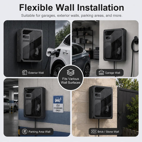 Heavy Duty Outdoor EV Charger Enclosure Built Tough Cold Rolled Steel Electrical Box Weather Resistant mounted on various wall surfaces.