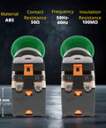 Two Green Emergency Stop Push Button Switch 22mm Mushroom Head showing ABS material and installation details for control panels.