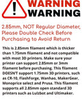 Warning sign about 2.85mm filament compatibility for Badass Teal Petg 3D Printer Filament 2.85Mm 1Kg Spool.
