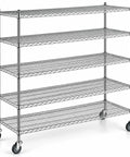 Built Tough Chrome Mobile Wire Shelving Five Shelf Rolling Rack With Smooth Glide Casters And Locking Brakes, five metal shelves on wheels.