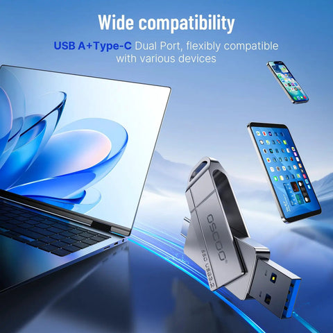 Ultra Fast Dual USB C USB A Flash Drive 128GB with Five Hundred Fifty Megabytes Per Second Transfer shown with devices