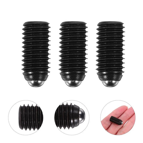 Heavy Duty Carbon Steel Hex Socket Spring Ball Plunger Screws For Clamps 10 Piece Pack, three screws with black finish and ball tips.